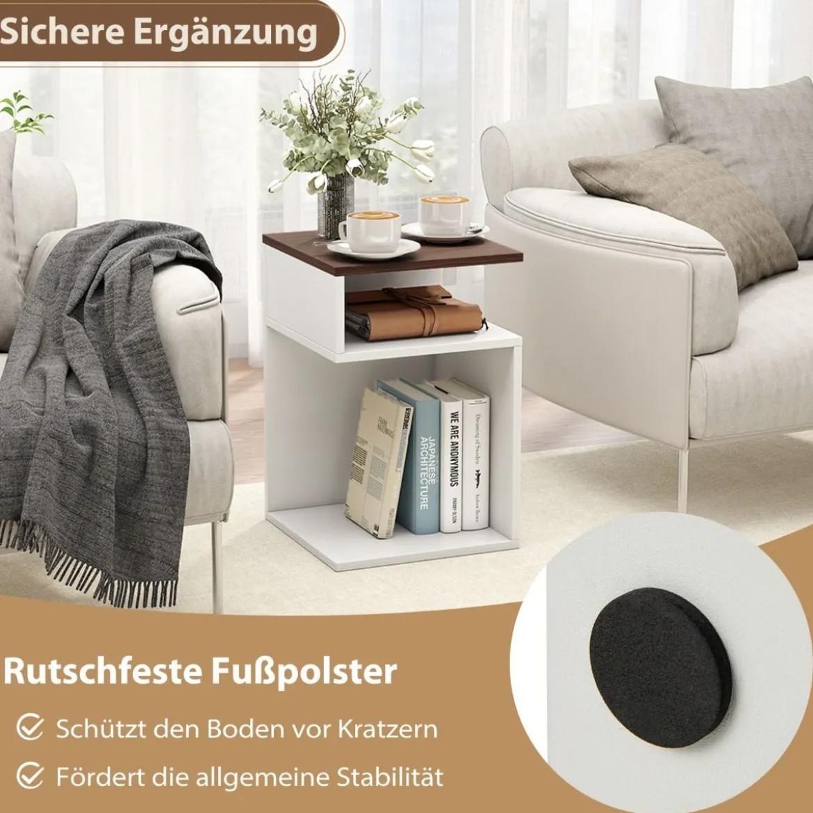 2er Set S-förmiger Beistelltisch mit 2 Offenen Fächern Nachttisch Sofatisch Weiß + Walnuss