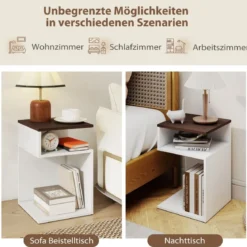 2er Set S-förmiger Beistelltisch mit 2 Offenen Fächern Nachttisch Sofatisch Weiß + Walnuss