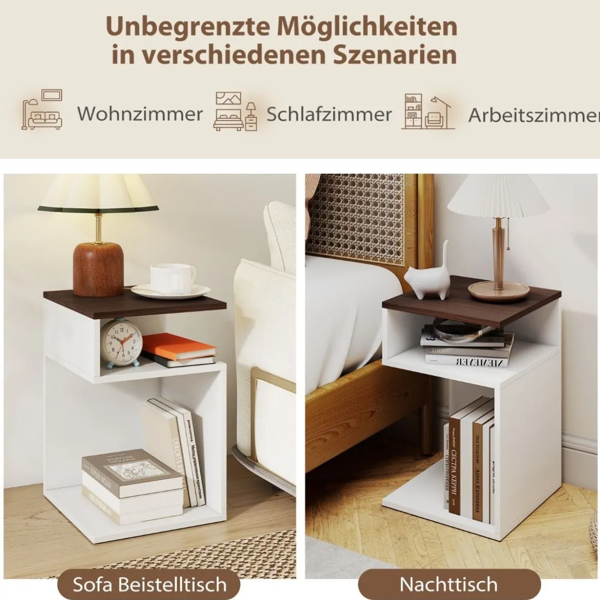 2er Set S-förmiger Beistelltisch mit 2 Offenen Fächern Nachttisch Sofatisch Weiß + Walnuss