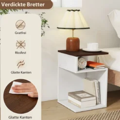 2er Set S-förmiger Beistelltisch mit 2 Offenen Fächern Nachttisch Sofatisch Weiß + Walnuss