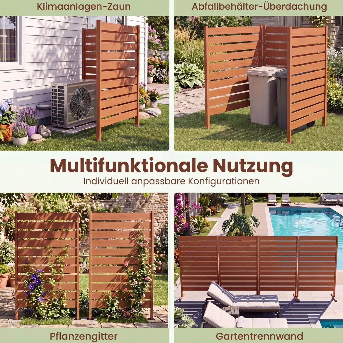 2er Set Sichtschutzzaun aus HIPS 93 x 63,5 cm Wetterfester Gartenzaun in Holzoptik mit Metallerdspießen