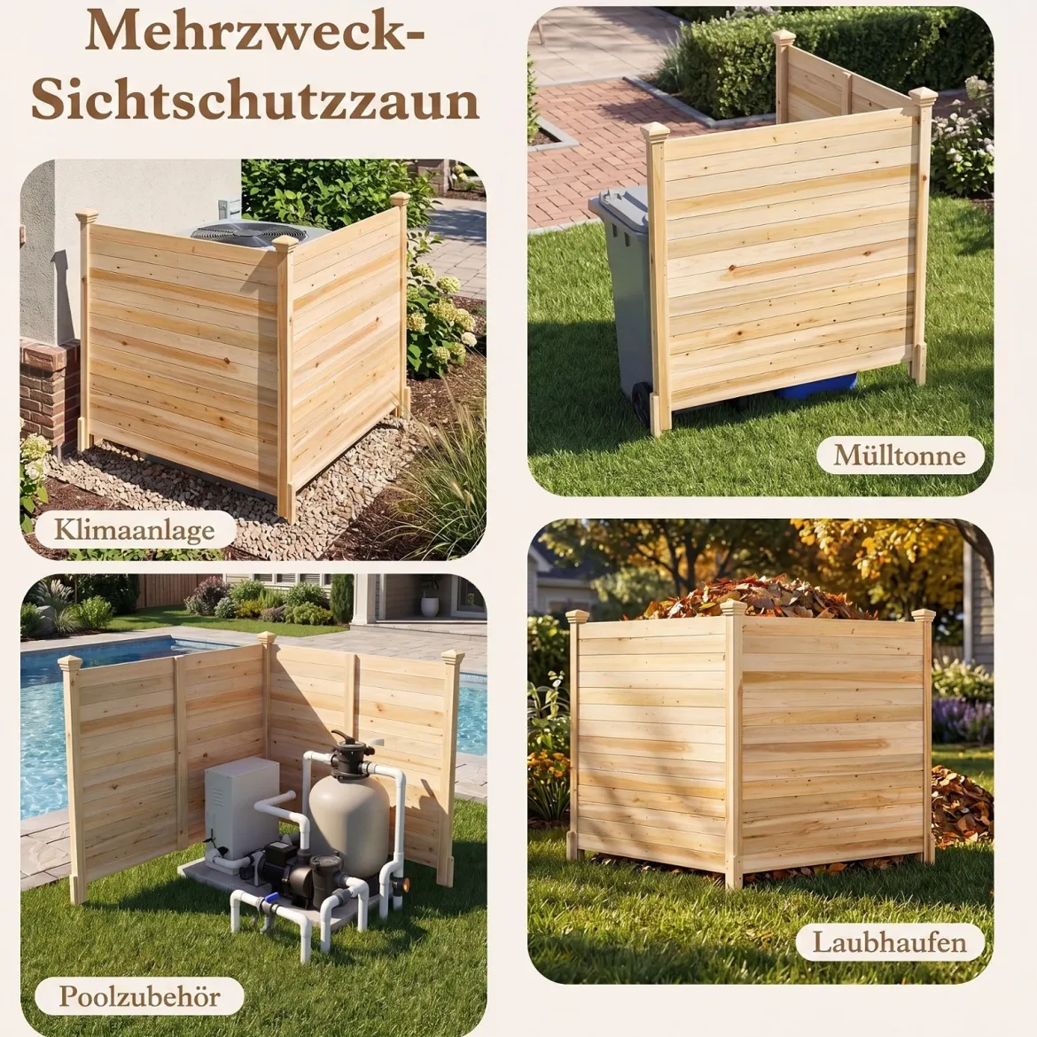 2er Set Sichtschutzzaun 2 Teilig 119 x 119 cm Gartenzaun aus Tannenholz Outdoor Holzzaun mit 3 Pfählen