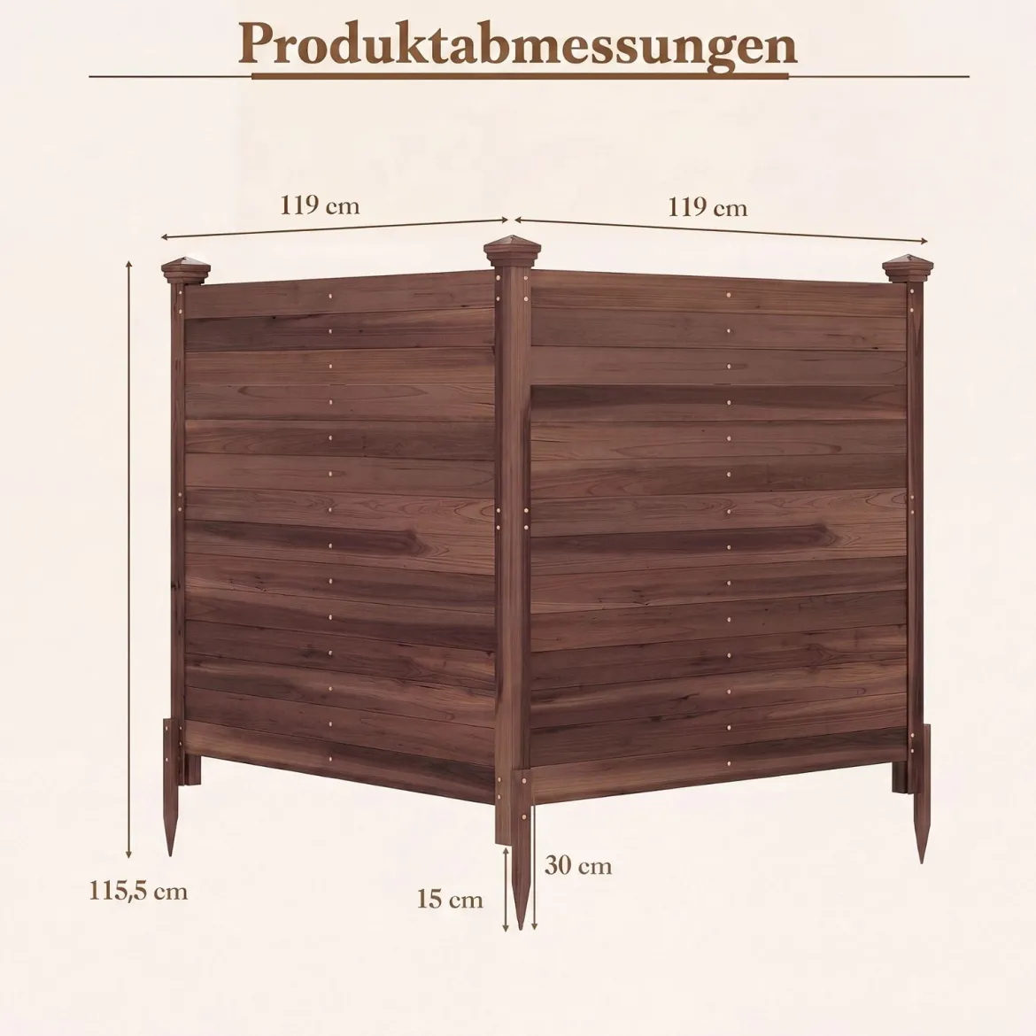 2er Set Sichtschutzzaun 2 Teilig 119 x 119 cm Gartenzaun aus Tannenholz Outdoor Holzzaun mit 3 Pfählen
