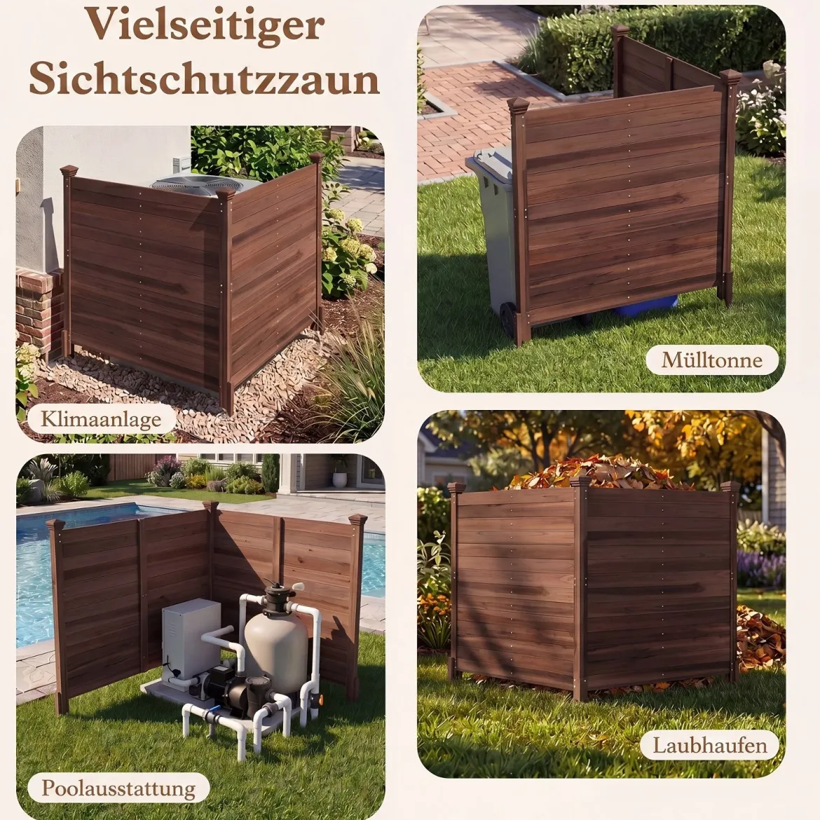 2er Set Sichtschutzzaun 2 Teilig 119 x 119 cm Gartenzaun aus Tannenholz Outdoor Holzzaun mit 3 Pfählen