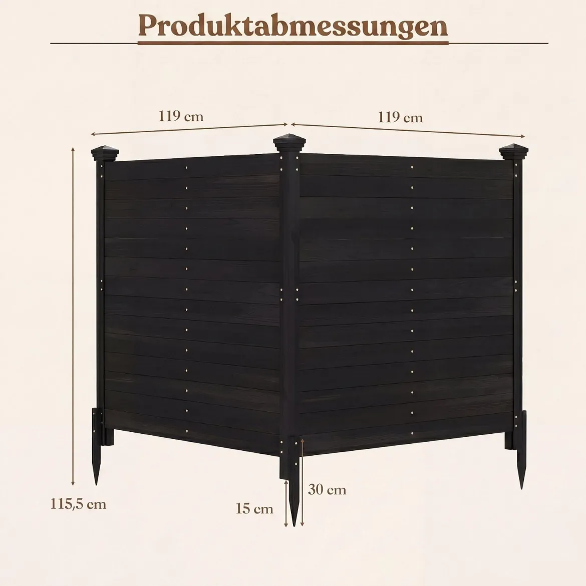 2er Set Sichtschutzzaun 2 Teilig 119 x 119 cm Gartenzaun aus Tannenholz Outdoor Holzzaun mit 3 Pfählen