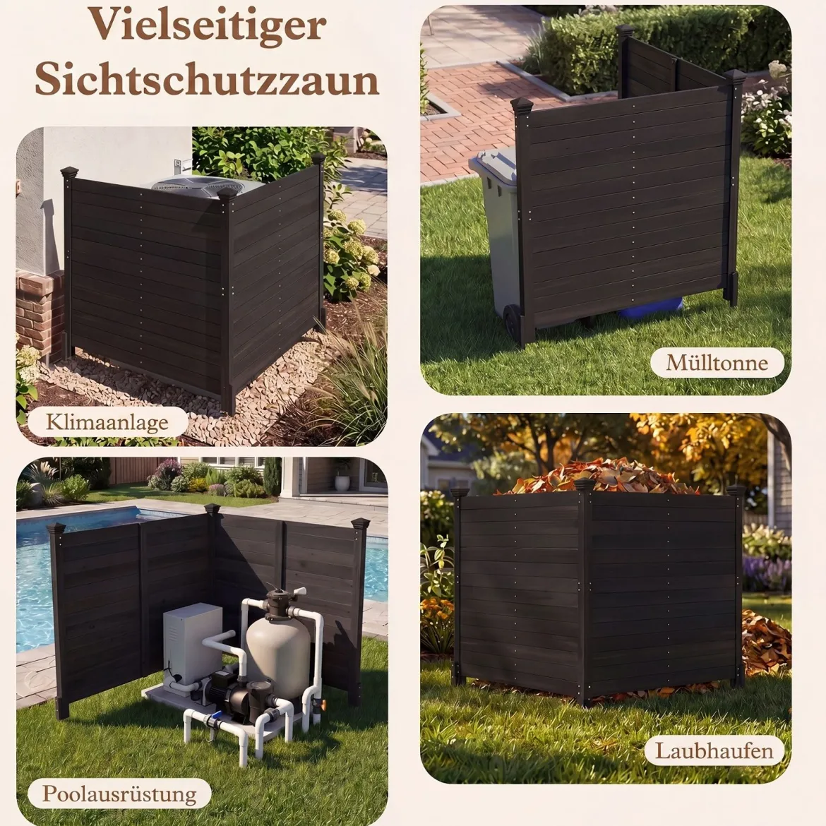 2er Set Sichtschutzzaun 2 Teilig 119 x 119 cm Gartenzaun aus Tannenholz Outdoor Holzzaun mit 3 Pfählen