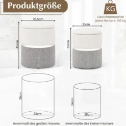 2er-Set Sitzhocker Samt Ottomanen mit 32L + 21L Stauraum Pouf Hocker runde Couch Beistellhocker Grau