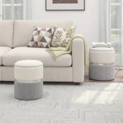 2er-Set Sitzhocker Samt Ottomanen mit 32L + 21L Stauraum Pouf Hocker runde Couch Beistellhocker Grau