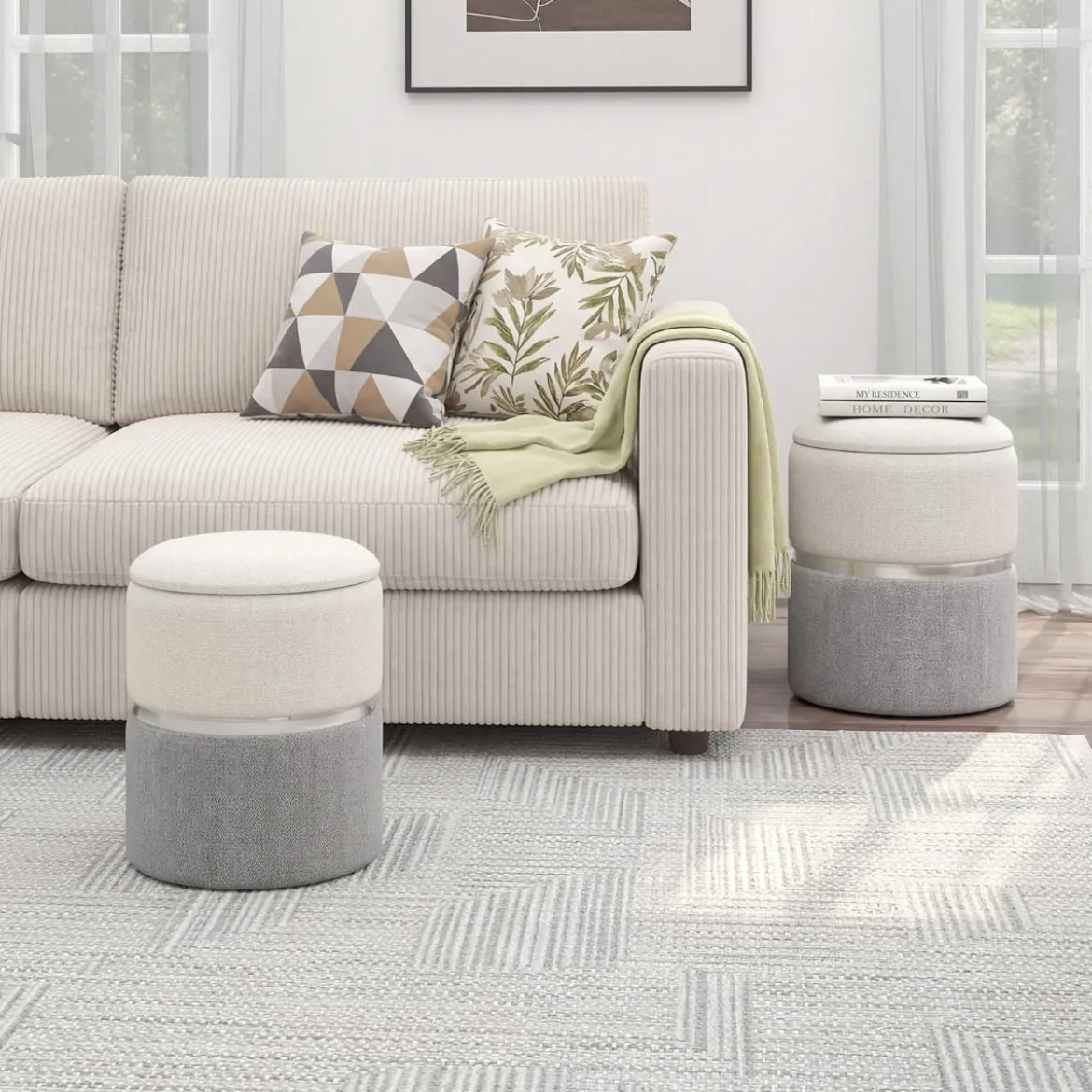 2er-Set Sitzhocker Samt Ottomanen mit 32L + 21L Stauraum Pouf Hocker runde Couch Beistellhocker Grau
