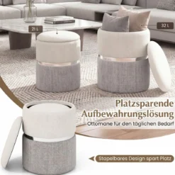 2er-Set Sitzhocker Samt Ottomanen mit 32L + 21L Stauraum Pouf Hocker runde Couch Beistellhocker Grau