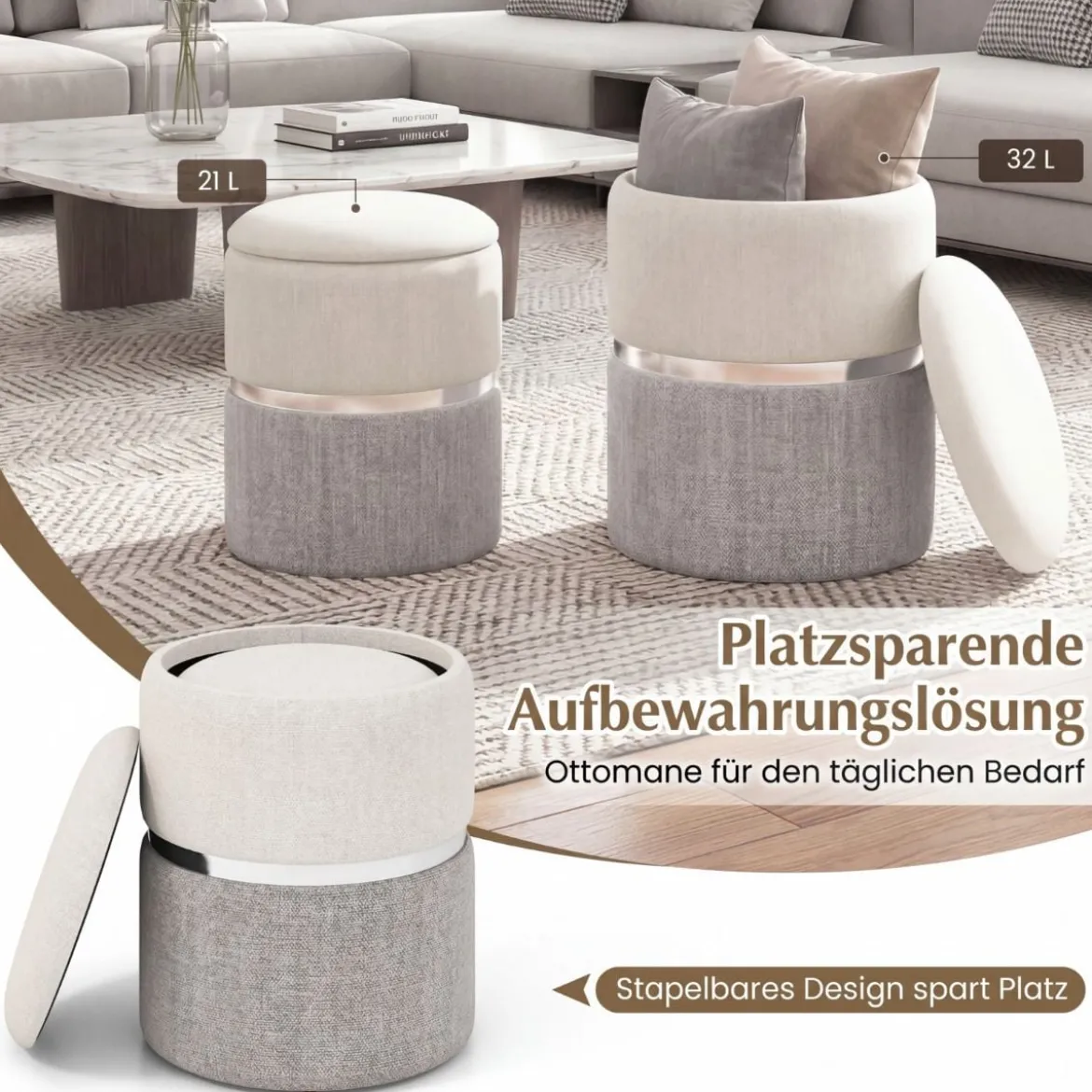 2er-Set Sitzhocker Samt Ottomanen mit 32L + 21L Stauraum Pouf Hocker runde Couch Beistellhocker Grau