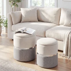 2er-Set Sitzhocker Samt Ottomanen mit 32L + 21L Stauraum Pouf Hocker runde Couch Beistellhocker Grau