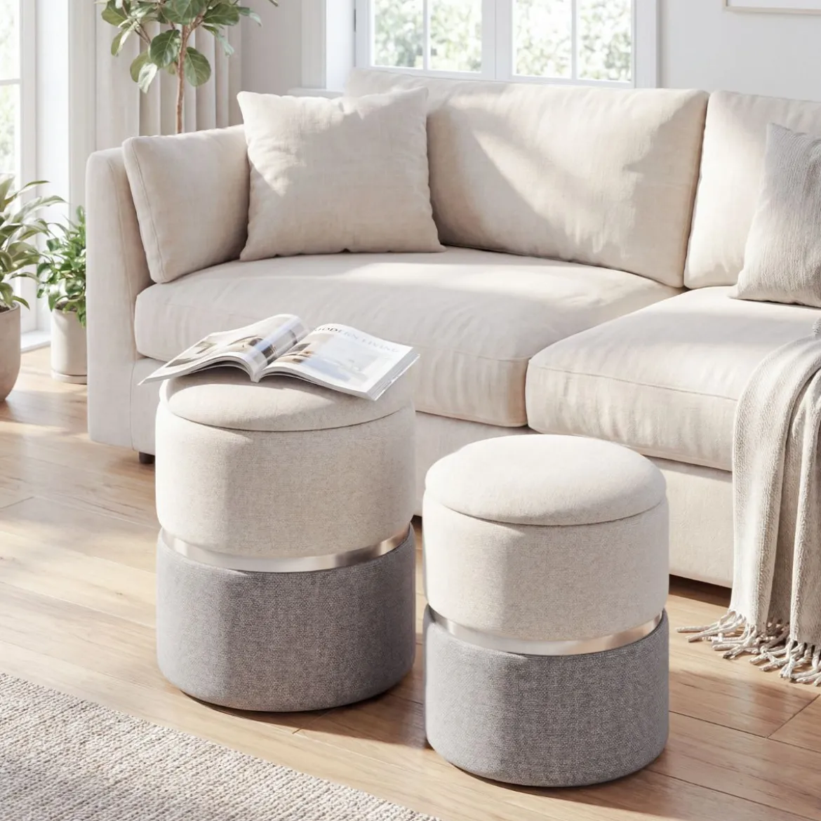 2er-Set Sitzhocker Samt Ottomanen mit 32L + 21L Stauraum Pouf Hocker runde Couch Beistellhocker Grau