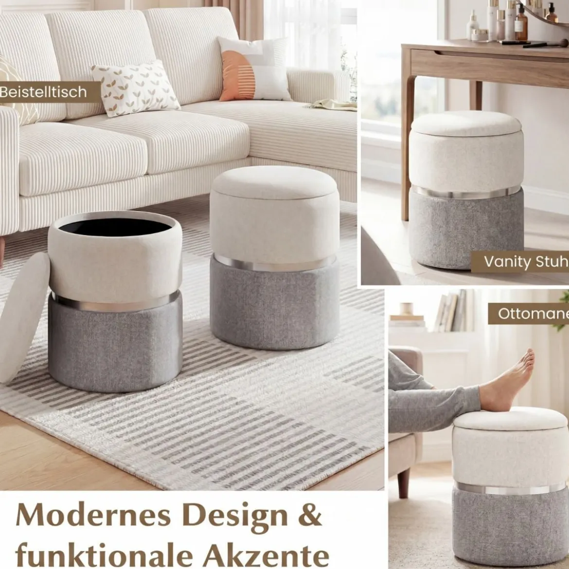 2er-Set Sitzhocker Samt Ottomanen mit 32L + 21L Stauraum Pouf Hocker runde Couch Beistellhocker Grau