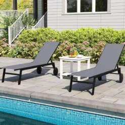 2er Set Sonnenliege mit Rollen Gartenliege mit Verstellbarer Rückenlehne und Schnelltrocknendem Stoff Grau