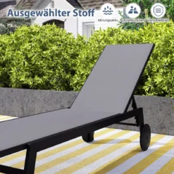 2er Set Sonnenliege mit Rollen Gartenliege mit Verstellbarer Rückenlehne und Schnelltrocknendem Stoff Grau