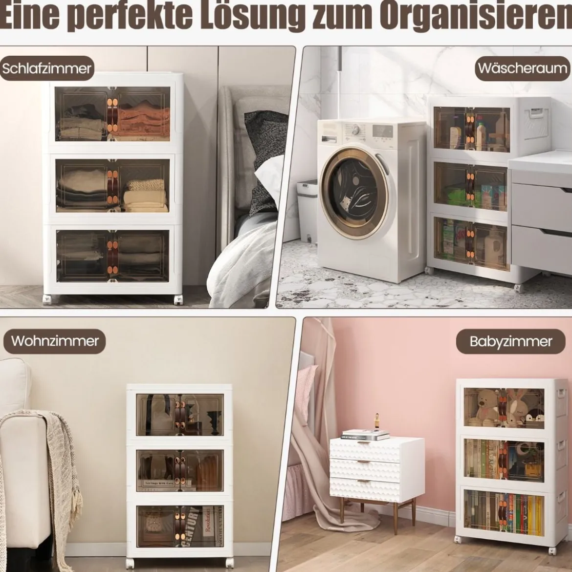 3er Set Stapelbare Aufbewahrungsboxen mit Deckel & Türen Faltbare 44,5 x 30 x 77,5 cm