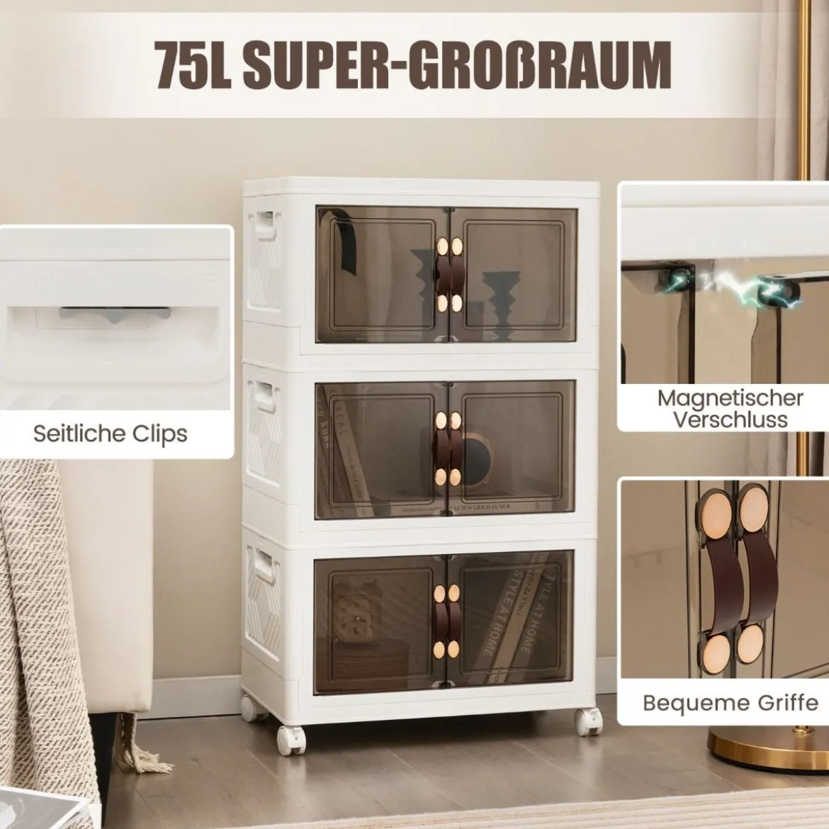 3er Set Stapelbare Aufbewahrungsboxen mit Deckel & Türen Faltbare 44,5 x 30 x 77,5 cm