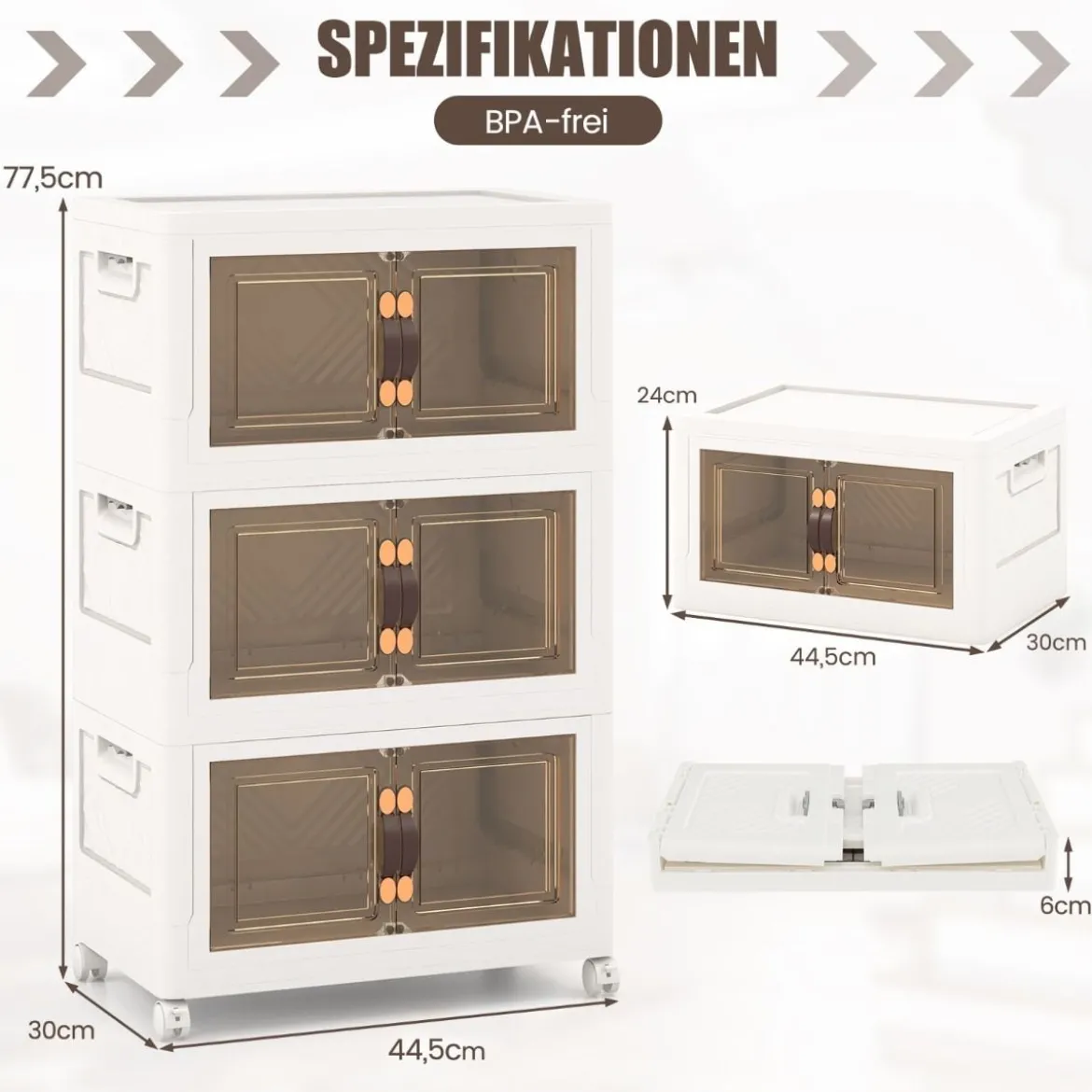 3er Set Stapelbare Aufbewahrungsboxen mit Deckel & Türen Faltbare 44,5 x 30 x 77,5 cm