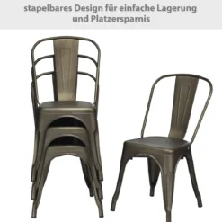 4er Set Stapelbare Esszimmerstühle aus Metall Vintage Bistrostuhl mit Rückenlehne Rotguss