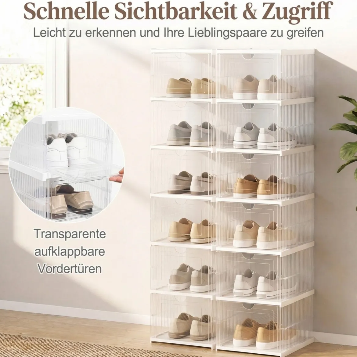 12er Set StapelbareSchuhboxen mit Klapptür 6 Stöckiger Faltbarer Schuhorganizer Transparent