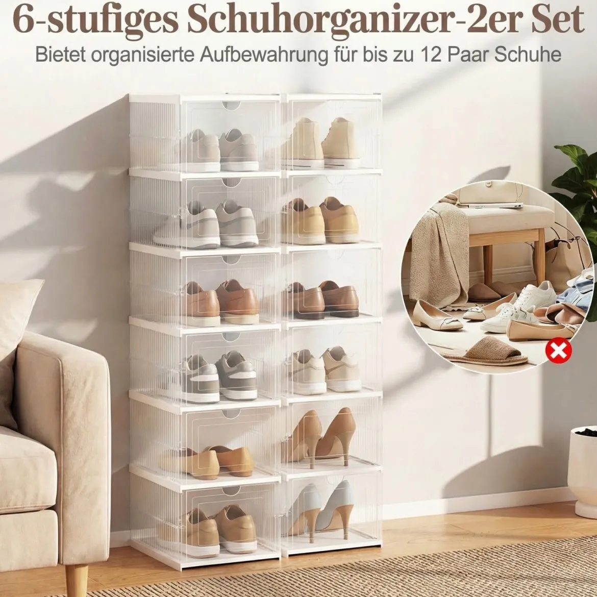12er Set StapelbareSchuhboxen mit Klapptür 6 Stöckiger Faltbarer Schuhorganizer Transparent