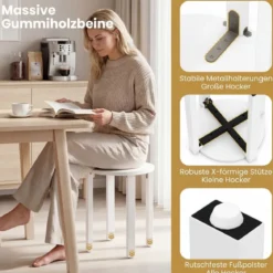 4er Set Stapelhocker mit Massivholzbeine & Rollenbasis Platzsparende Rund Holzhocker Weiß