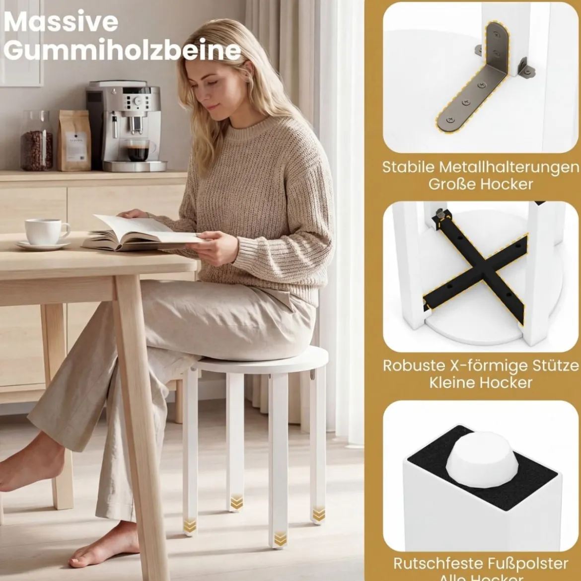 4er Set Stapelhocker mit Massivholzbeine & Rollenbasis Platzsparende Rund Holzhocker Weiß