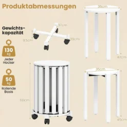 4er Set Stapelhocker mit Massivholzbeine & Rollenbasis Platzsparende Rund Holzhocker Weiß