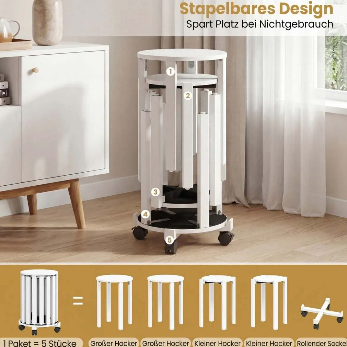 4er Set Stapelhocker mit Massivholzbeine & Rollenbasis Platzsparende Rund Holzhocker Weiß