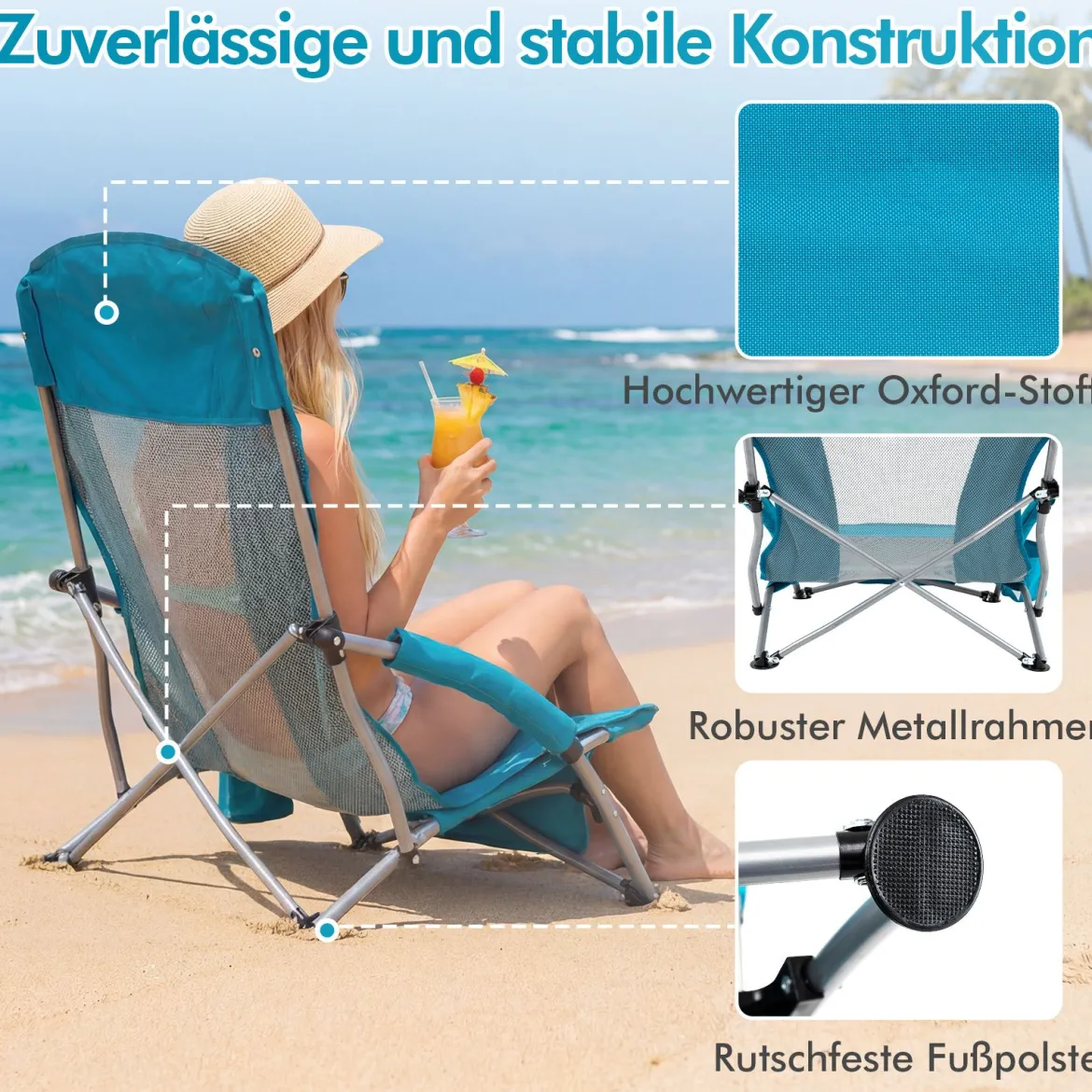 2er Set Strandstuhl Klappbar Campingstuhl mit Atmungsaktivem Netzgewebe Klappstuhl Blau