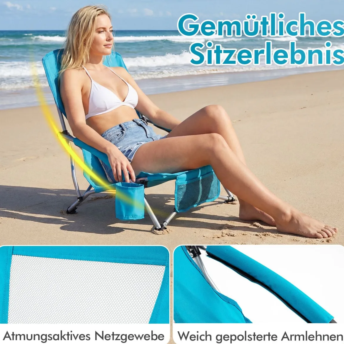 2er Set Strandstuhl Klappbar Campingstuhl mit Atmungsaktivem Netzgewebe Klappstuhl Blau