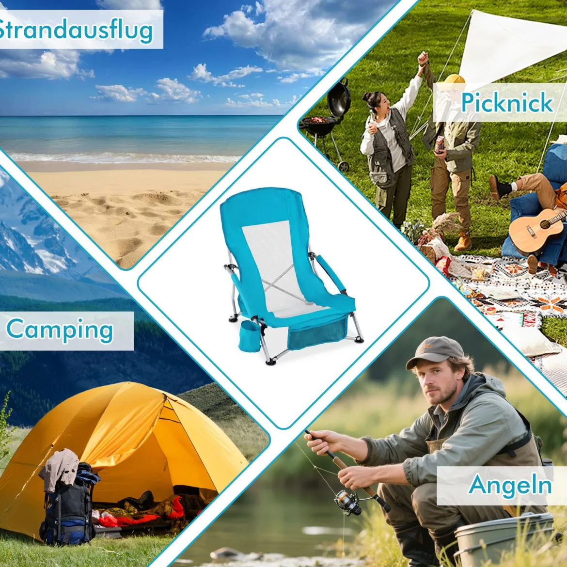 2er Set Strandstuhl Klappbar Campingstuhl mit Atmungsaktivem Netzgewebe Klappstuhl Blau
