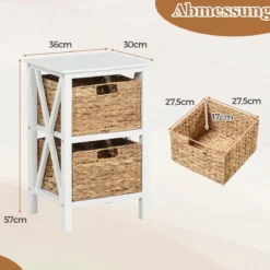 2er Set 3-stufiger Nachttisch mit 2 Seegraskörben & X-Design Schmaler Beistelltisch Weiß