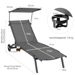 2er Set Terrassenliege Outdoor-Liegestuhl mit Rädern Strandliege aus Metall Grau