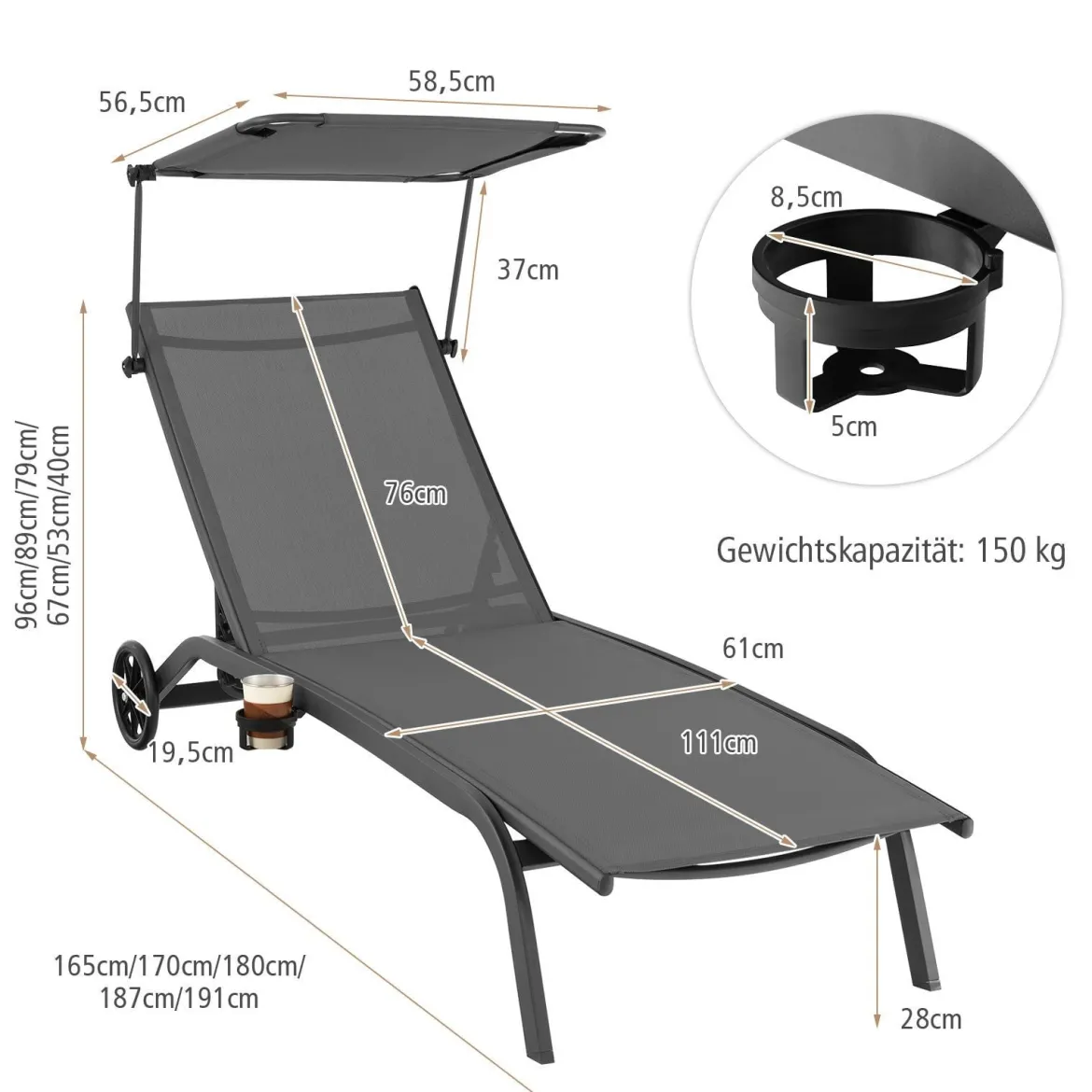 2er Set Terrassenliege Outdoor-Liegestuhl mit Rädern Strandliege aus Metall Grau