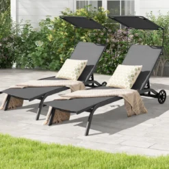 2er Set Terrassenliege Outdoor-Liegestuhl mit Rädern Strandliege aus Metall Grau