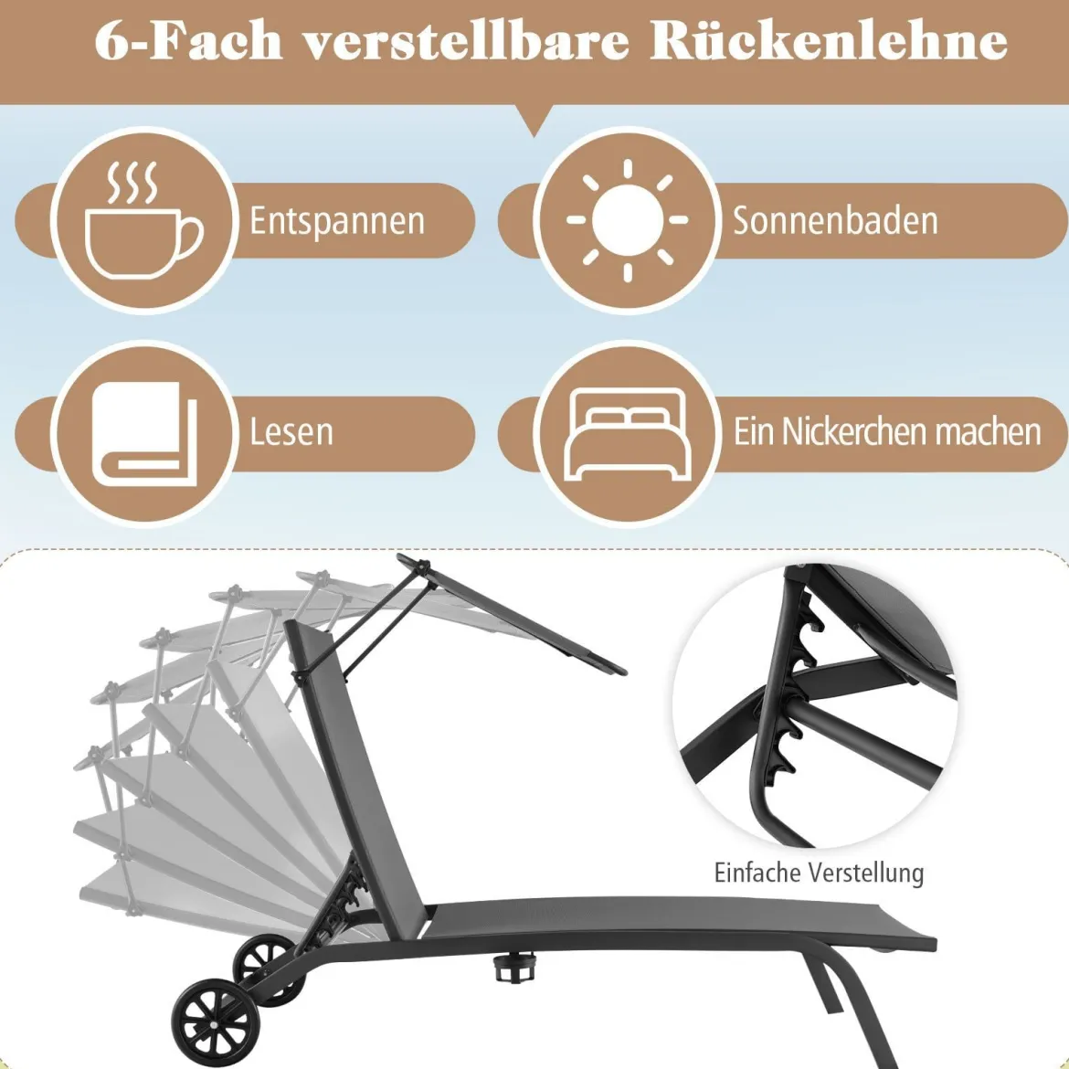 2er Set Terrassenliege Outdoor-Liegestuhl mit Rädern Strandliege aus Metall Grau