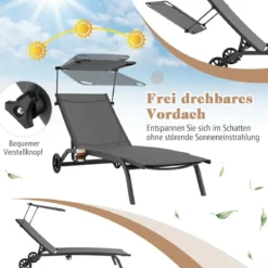 2er Set Terrassenliege Outdoor-Liegestuhl mit Rädern Strandliege aus Metall Grau