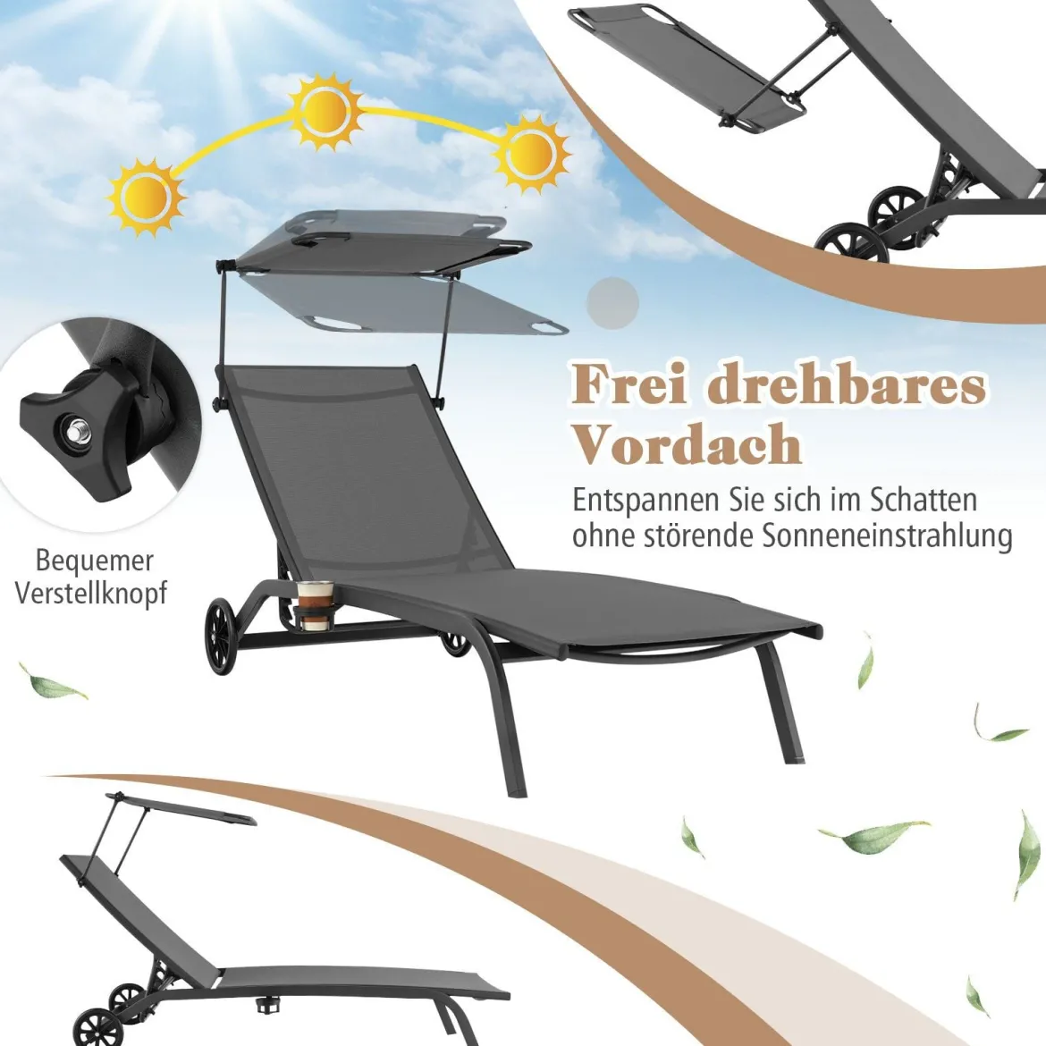 2er Set Terrassenliege Outdoor-Liegestuhl mit Rädern Strandliege aus Metall Grau