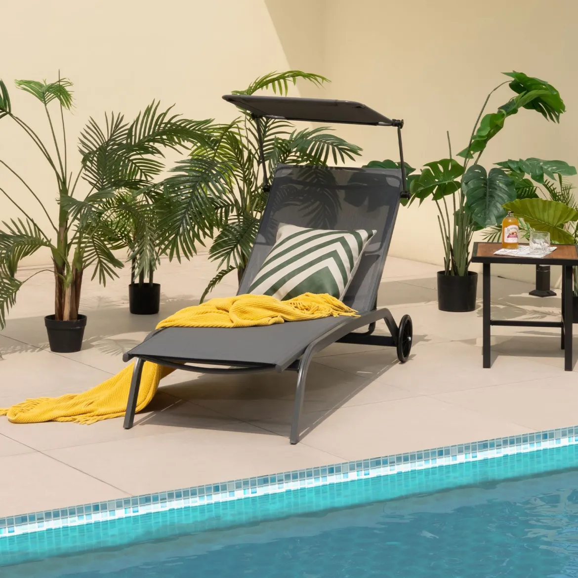2er Set Terrassenliege Outdoor-Liegestuhl mit Rädern Strandliege aus Metall Grau