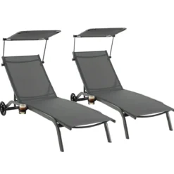 2er Set Terrassenliege Outdoor-Liegestuhl mit Rädern Strandliege aus Metall Grau