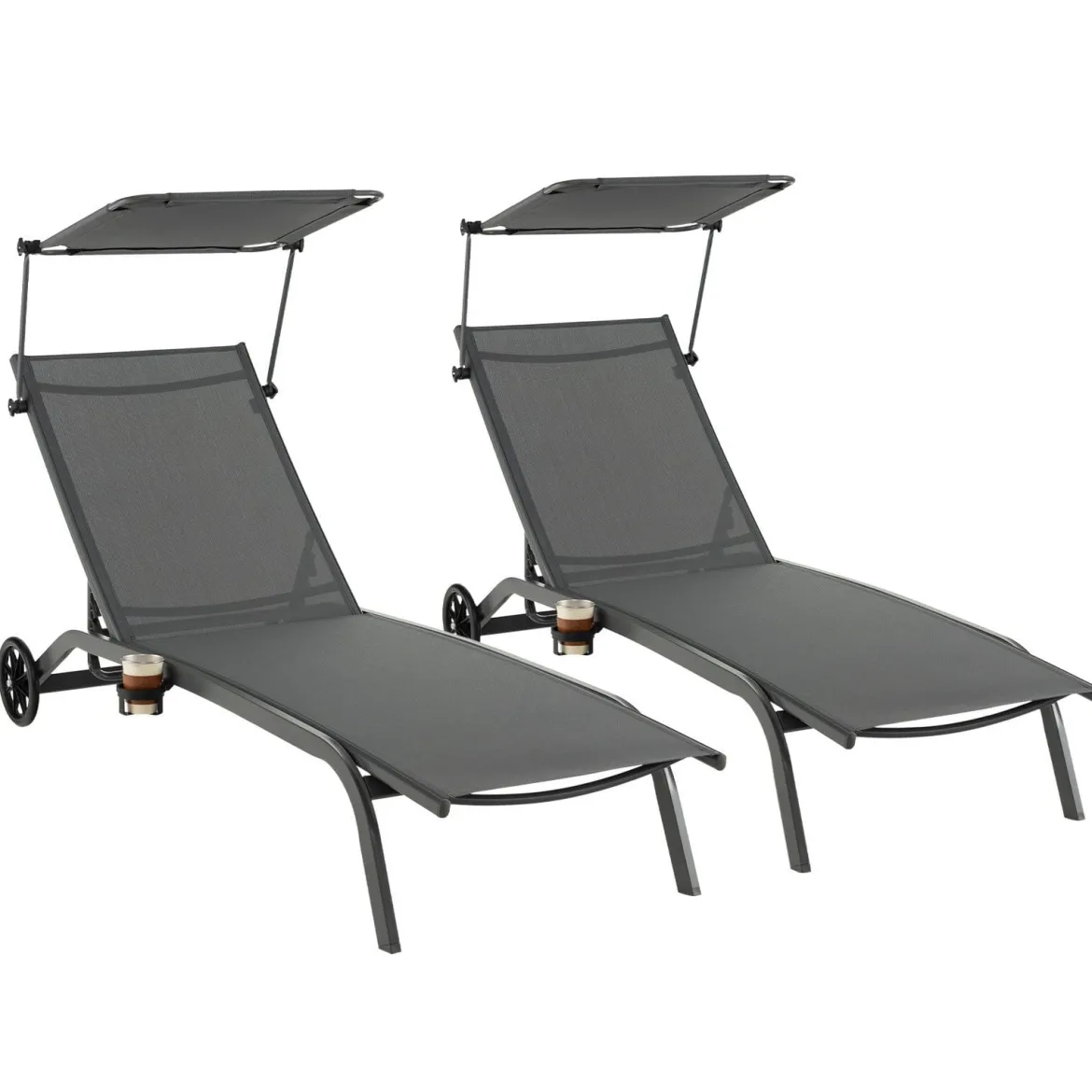 2er Set Terrassenliege Outdoor-Liegestuhl mit Rädern Strandliege aus Metall Grau