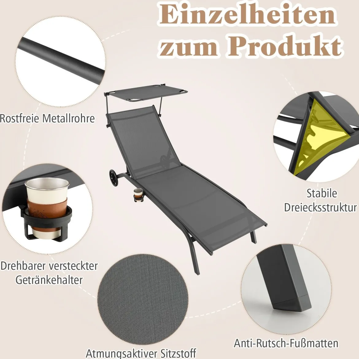 2er Set Terrassenliege Outdoor-Liegestuhl mit Rädern Strandliege aus Metall Grau