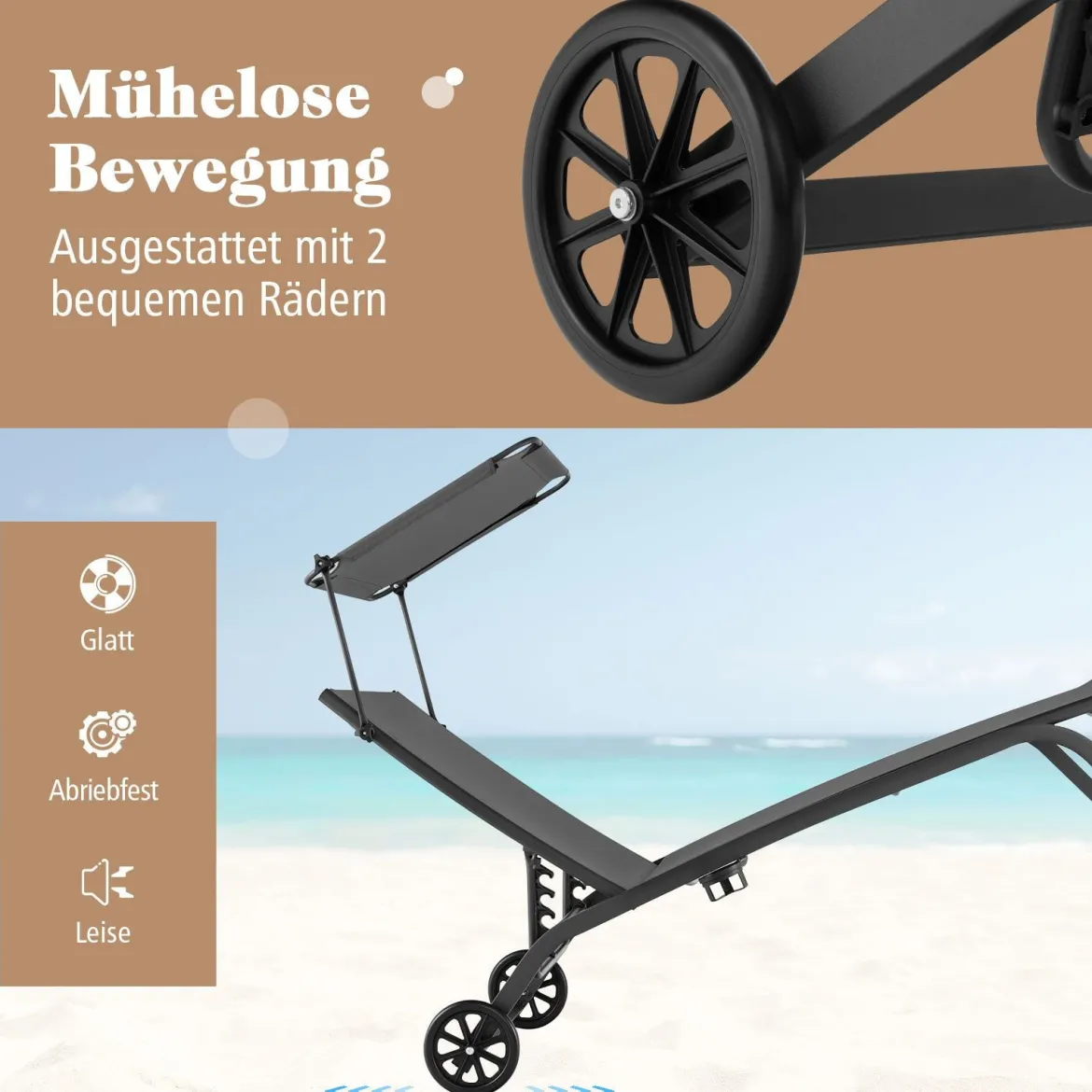 2er Set Terrassenliege Outdoor-Liegestuhl mit Rädern Strandliege aus Metall Grau