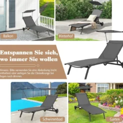 2er Set Terrassenliege Outdoor-Liegestuhl mit Rädern Strandliege aus Metall Grau