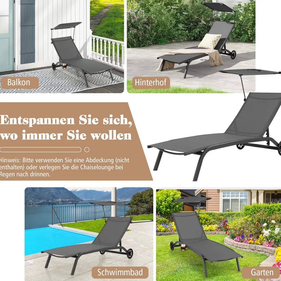 2er Set Terrassenliege Outdoor-Liegestuhl mit Rädern Strandliege aus Metall Grau