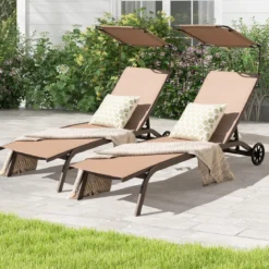 2er Set Terrassenliege Outdoor-Liegestuhl mit Rädern Strandliege aus Metall Braun