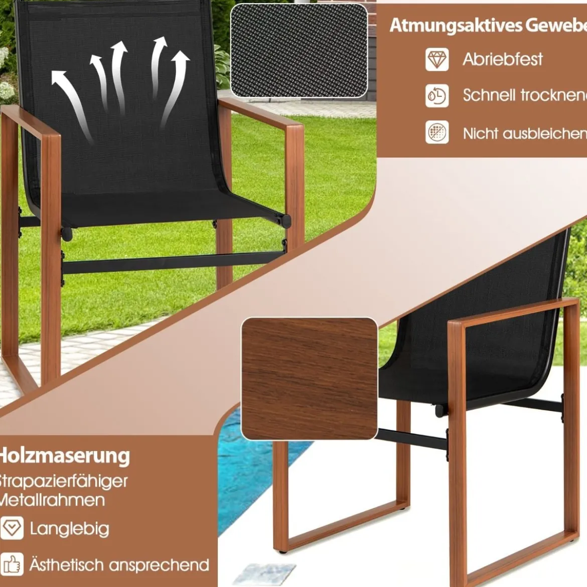 2er Set Terrassenstuhl Set mit Atmungsaktiver Sitzfläche & Rückenlehne Gartenstühlen