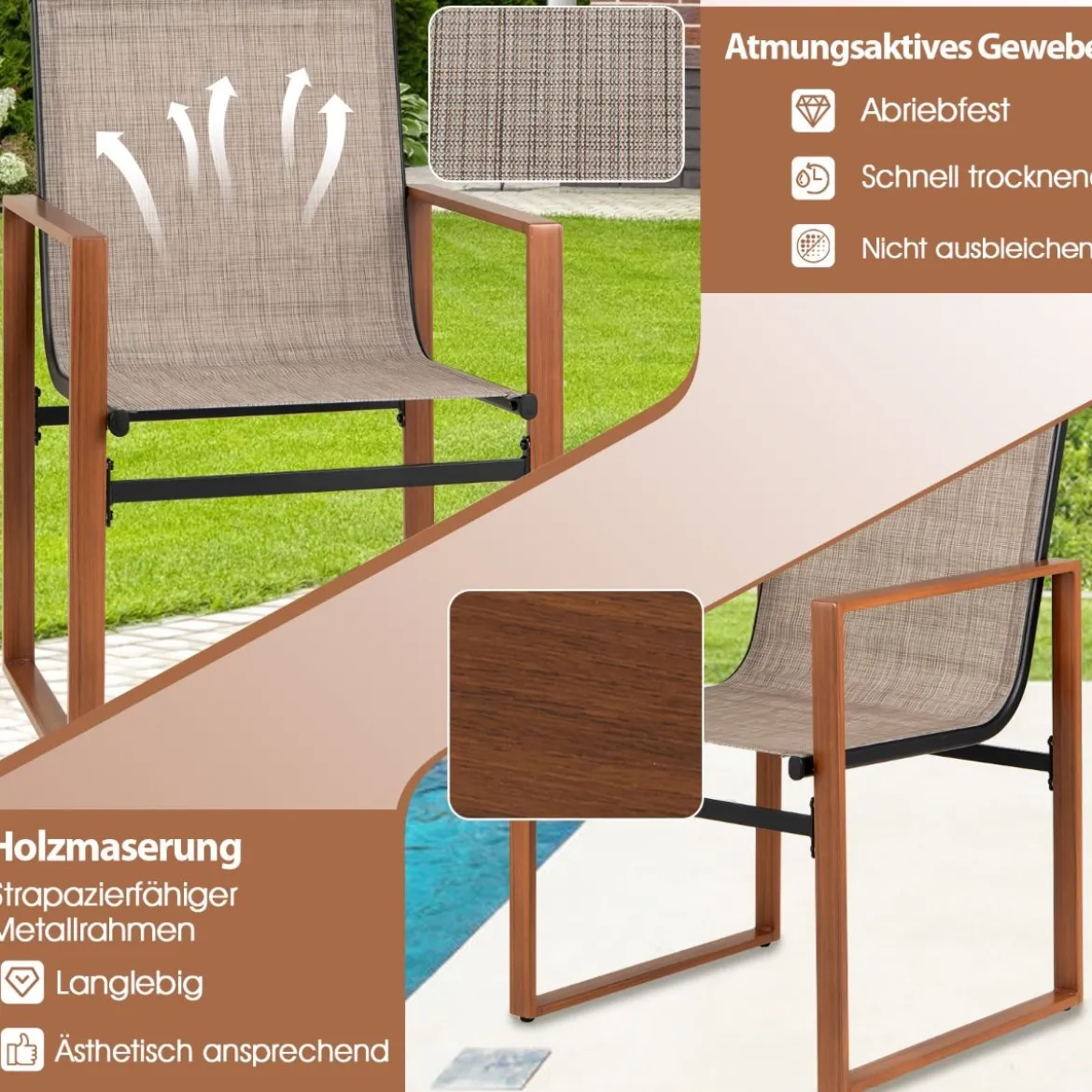2er Set Terrassenstuhl Set mit Atmungsaktiver Sitzfläche & Rückenlehne Gartenstühlen